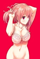 Rule 34 | 10s, 1girl, :o, adjusting hair, akino sora, armpits, bare arms, bare shoulders, blush, bottomless, bra, breasts, buckle, cleavage, collarbone, cowboy shot, eyebrows, floral print, groin, large breasts, looking at viewer, navel, one side up, out-of-frame censoring, parted lips, pink bra, pink eyes, pink hair, solo, stomach, tying hair, underwear, yahari ore no seishun lovecome wa machigatteiru., yuigahama yui