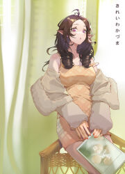 Rule 34 | 1girl, absurdres, antenna hair, black hair, book, breasts, chinese commentary, commentary request, dress, feet out of frame, fingernails, grey jacket, highres, holding, holding book, jacket, jacket partially removed, light blush, long hair, looking at viewer, looking down, m c1025z, making-of available, medium breasts, nail polish, original, parted lips, pointy ears, purple eyes, red nails, short dress, sleeves past wrists, solo, strap slip, translation request, yellow dress