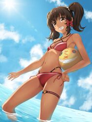 Rule 34 | 1girl, anise tatlin, ball, beachball, bikini, black hair, blue sky, bow, breasts, brown eyes, carrying, carrying under arm, cloud, cloudy sky, day, grin, hair bow, hand on own hip, holding, holding ball, horizon, long hair, looking at viewer, navel, ocean, outdoors, partially submerged, pink bikini, pink bow, rourou ill, sidelocks, sky, small breasts, smile, solo, stomach, striped bikini, striped clothes, sun, swimsuit, tales of (series), tales of the abyss, thigh strap, tokunaga (tales), translation request, twintails, water