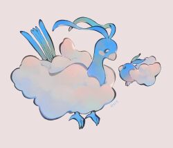 Rule 34 | altaria, animal focus, bird, bird tail, blue skin, colored skin, commentary, creatures (company), english commentary, evolutionary line, fluffy, game freak, gen 3 pokemon, highres, ieafy, nintendo, no humans, pokemon, pokemon (creature), simple background, swablu, tail, white background, wings