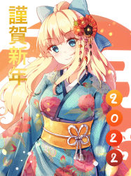 Rule 34 | 1girl, 2022, absurdres, blonde hair, blue bow, blue eyes, blue kimono, bow, breasts, closed mouth, commentary request, egasumi, floral print, flower, hair bow, hair bun, hair flower, hair ornament, head tilt, highres, holmemee, japanese clothes, kimono, long hair, long sleeves, looking at viewer, medium breasts, obi, princess connect!, print kimono, red flower, saren (princess connect!), sash, single hair bun, smile, solo, translation request, very long hair
