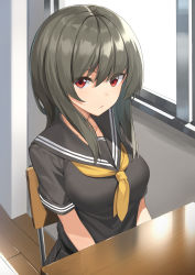 Rule 34 | 1girl, absurdres, breasts, brown hair, chair, closed mouth, desk, expressionless, highres, indoors, large breasts, long hair, looking at viewer, neckerchief, original, red eyes, school uniform, short sleeves, sitting, solo, suiroh (shideoukami), window, yellow neckerchief