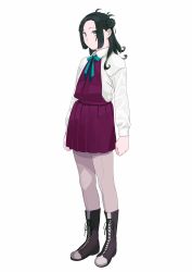 Rule 34 | 1girl, absurdres, black hair, blue ribbon, boots, cross-laced footwear, double bun, dress, dress shirt, forehead, full body, green eyes, grey pantyhose, hair bun, halterneck, highres, kantai collection, lace-up boots, long hair, long sleeves, looking at viewer, makinami (kancolle), multicolored hair, neck ribbon, ojipon, pantyhose, pleated dress, purple dress, ribbon, school uniform, shirt, simple background, solo, standing, white background, white shirt