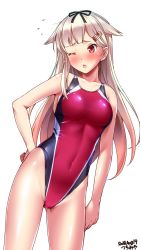 Rule 34 | 1girl, alternate costume, artist name, black ribbon, blonde hair, blush, breasts, collarbone, competition swimsuit, covered navel, cowboy shot, dated, hair flaps, hair ornament, hair ribbon, hairclip, hand on own hip, highleg, highleg swimsuit, highres, kantai collection, long hair, looking at viewer, medium breasts, messy hair, one-piece swimsuit, one eye closed, open mouth, red eyes, red one-piece swimsuit, ribbon, simple background, smile, solo, standing, sweatdrop, swimsuit, tears, tsuchimiya, white background, yuudachi (kancolle), yuudachi kai ni (kancolle)