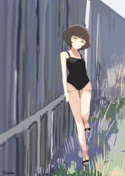 Rule 34 | 1girl, absurdres, against fence, ahoge, black one-piece swimsuit, blunt bangs, brown eyes, brown hair, casual one-piece swimsuit, fence, full body, grass, highres, kantai collection, kishinami (kancolle), looking at viewer, one-piece swimsuit, parted lips, sandals, short hair, smile, solo, swimsuit, toplow, wavy hair