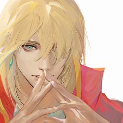 Rule 34 | 1boy, bishounen, blonde hair, blue eyes, earrings, hair between eyes, hair over one eye, high collar, highres, howl (howl no ugoku shiro), howl no ugoku shiro, jacket, jewelry, looking at viewer, male focus, medium hair, open collar, own hands together, parted lips, red jacket, smile, solo, upper body, white background, yud79317724