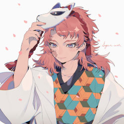 Rule 34 | absurdres, chinese commentary, closed mouth, collarbone, commentary request, falling petals, hand up, haori, highres, jacket, japanese clothes, kimetsu no yaiba, long hair, long sleeves, male focus, mask, mask on head, petals, pink hair, purple eyes, red pupils, sabito (kimetsu), scar, scar on face, signature, simple background, smile, solo, taowu (20809), upper body, white background, white jacket