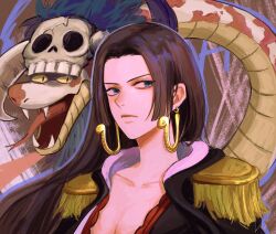 Rule 34 | 1girl, bin (binonep), black dress, black hair, blue eyes, boa hancock, close-up, commentary, dress, earrings, epaulettes, highres, hime cut, jewelry, long hair, looking to the side, one piece, salome (one piece), skeleton, smile, snake, symbol-only commentary, two-tone dress, upper body, white dress