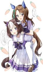 Rule 34 | 2girls, :d, animal ears, blush, bow, braid, brown footwear, brown hair, carrying, commentary request, ear bow, frilled skirt, frills, green bow, hair bow, highres, horse ears, horse girl, horse tail, king halo (umamusume), long hair, multicolored hair, multiple girls, one side up, open mouth, parted bangs, pentagon (railgun ky1206), piggyback, pleated skirt, puffy short sleeves, puffy sleeves, purple bow, purple eyes, purple shirt, red eyes, school uniform, shirt, shoes, short sleeves, simple background, skirt, smile, special week (umamusume), streaked hair, sweat, tail, thighhighs, tracen school uniform, translation request, umamusume, v-shaped eyebrows, white background, white hair, white skirt, white thighhighs