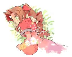 Rule 34 | 1girl, aerith gainsborough, basket, brown hair, cropped jacket, curly hair, dated, dress, final fantasy, final fantasy vii, flower, green eyes, hair ornament, hair ribbon, happy birthday, highres, jacket, long hair, looking back, materia, pink dress, pink flower, red jacket, red ribbon, ribbon, short sleeves, smile, solo, standing, tasituma2, white flower, wicker basket, yellow flower