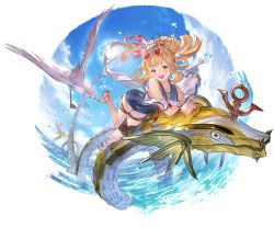 Rule 34 | 1girl, :d, alpha transparency, bird, blonde hair, blue flower, blue one-piece swimsuit, blue sky, blush, cagliostro (granblue fantasy), cagliostro (summer) (granblue fantasy), cloud, collarbone, flower, full body, granblue fantasy, hair flower, hair ornament, heart, heart-shaped eyewear, lens flare, long hair, looking at viewer, minaba hideo, ocean, official art, one-piece swimsuit, open mouth, ponytail, purple eyes, seagull, sky, smile, solo, sun, sunglasses, swimsuit, thigh strap, transparent background, water, wet, white flower