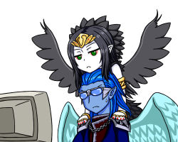 Rule 34 | 1boy, 1girl, annoyed, armband, black dress, black hair, black wings, chain, colored sclera, computer, dress, duel monster, emblem, expressionless, fabled grimro, fabled kushano, feathers, glasses, green eyes, green wings, jewelry, long hair, pataneet, pointy ears, red sclera, simple background, sunglasses, sweat, watching, white background, wings, yu-gi-oh!, yu-gi-oh! duel monsters