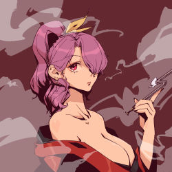 Rule 34 | 1girl, bare shoulders, black nails, breasts, collarbone, ear piercing, earrings, expressionless, hand up, highres, holding, holding smoking pipe, japanese clothes, jewelry, kimono, kiseru, komakusa sannyo, large breasts, long hair, looking at viewer, nail polish, off shoulder, piercing, smoking pipe, ponytail, purple eyes, purple hair, red background, red kimono, simple background, smoke, solo, stank, touhou, upper body