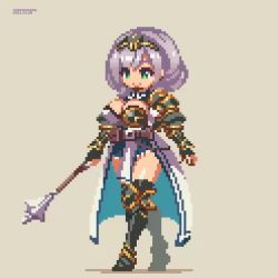 Rule 34 | 1girl, animated, armor, beige background, black hairband, blinking, bouncing breasts, breasts, cleavage, greaves, green eyes, hairband, holding, holding weapon, hololive, large breasts, looking ahead, looping animation, mace, metal hairband, pixel art, sakuemon, shirogane noel, shirogane noel (1st costume), short hair, silver hair, skirt, smile, solo, standing, video, virtual youtuber, weapon, white skirt