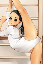 Rule 34 | 1girl, arched back, black eyes, black hair, blush, flat chest, forehead, from side, highres, leotard, long hair, looking at viewer, looking back, matsunaga kouyou, original, outstretched leg, ponytail, smile, solo, split, spread legs, standing, standing on one leg, standing split, white leotard