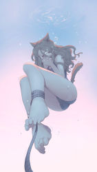 Rule 34 | 1girl, air bubble, animal ears, asphyxiation, barefoot, bound, bound feet, breath, brown hair, bubble, cameltoe, cat ears, cat tail, closed eyes, competition swimsuit, covering own mouth, curled up, drowning, feet, foot focus, from below, full body, glasses, hand to own mouth, highres, holding breath, legs together, long hair, one-piece swimsuit, original, panicking, peril, rope, rou (rou22), solo, spasm, swimsuit, tail, tied up, toes, trapped, underwater