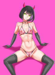 Rule 34 | 1girl, bare shoulders, black choker, black gloves, black hair, black thighhighs, breasts, choker, cleft of venus, collarbone, elbow gloves, gloves, green eyes, highres, horns, invisible chair, multicolored hair, navel, navel piercing, o-ring, original, parted lips, piercing, pink background, purple hair, pussy, revealing clothes, shiny skin, simple background, sitting, smile, solo, spread legs, streaked hair, thighhighs, vvv (vvv98048917)
