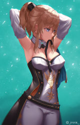 Rule 34 | 1girl, absurdres, adjusting hair, armpits, arms up, bare shoulders, blue eyes, breasts, brown hair, cleavage, cowboy shot, cross, cross earrings, earrings, genshin impact, highres, huge filesize, iamnk, jean (genshin impact), jewelry, looking to the side, medium breasts, pants, ponytail, sleeveless, solo, white pants