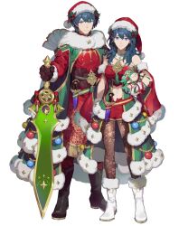 Rule 34 | 1boy, 1girl, bare shoulders, black footwear, black gloves, blue eyes, blue hair, brooch, byleth (female) (fire emblem), byleth (female) (frosty professor) (fire emblem), byleth (fire emblem), byleth (male) (fire emblem), byleth (male) (frosty professor) (fire emblem), cape, character doll, doll, dual persona, fire emblem, fire emblem: three houses, fire emblem heroes, fur-trimmed cape, fur trim, gloves, green cape, hat, highres, holding, holding doll, holding sword, holding weapon, holly, jewelry, looking at viewer, medium hair, midriff, navel, nintendo, non-web source, official alternate costume, official art, pantyhose, red cape, santa costume, santa hat, smile, sothis (fire emblem), suzuki iori, sword, weapon, white footwear, white gloves