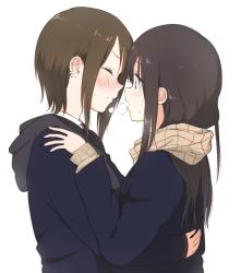 Rule 34 | 2girls, black hair, blush, breath, brown hair, cardigan, closed eyes, ear piercing, hand on another&#039;s shoulder, hands on another&#039;s hips, hood, hug, imminent kiss, long hair, looking at another, multiple girls, naraba yueni, original, piercing, scarf, school uniform, short hair, sidelocks, simple background, surprised, white background, yuri