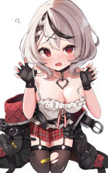 Rule 34 | 1girl, ?, @ @, black collar, black gloves, black hair, black jacket, black thighhighs, blush, breasts, camisole, claw pose, cleavage, collar, commentary request, ear piercing, fang, fingerless gloves, garter straps, gloves, grey hair, hair ornament, heart pendant, highres, hololive, ichipon1515, jacket, kneeling, looking at viewer, medium hair, multicolored hair, nail polish, off shoulder, open mouth, piercing, plaid clothes, plaid skirt, red eyes, red nails, red skirt, sakamata chloe, sakamata chloe (1st costume), simple background, skin fang, skirt, solo, streaked hair, thighhighs, torn clothes, torn thighhighs, virtual youtuber, white background, white camisole, x hair ornament