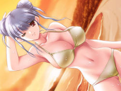 Rule 34 | 1girl, beach, bikini, breasts, character request, cleavage, grey hair, jesse, large breasts, navel, one eye closed, red eyes, sky, source request, sunset, swimsuit, tagme, water, wink