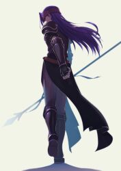 Rule 34 | 1boy, aduti momoyama, arm belt, arm guards, armor, armored boots, belt, belt buckle, black armor, black footwear, black gloves, boots, breastplate, brown belt, buckle, fingerless gloves, fire emblem, fire emblem: the binding blade, floating hair, from behind, full body, galle (fire emblem), gloves, grey pants, headband, highres, holding, holding polearm, holding weapon, long hair, male focus, nintendo, pants, polearm, purple eyes, purple headband, shadow, shoulder armor, simple background, single hair intake, solo, spear, straight hair, walking, weapon, white background