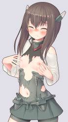 Rule 34 | 10s, 1girl, absurdres, artist request, bad id, bad pixiv id, blush, breasts, brown hair, closed eyes, covering nipples, covering privates, flat chest, hair between eyes, headband, headgear, highres, kantai collection, kupuru (hirumamiyuu), lactation, long hair, navel, nipples, simple background, small breasts, solo, taihou (kancolle), torn clothes