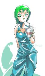 Rule 34 | 1girl, aqua overalls, arm behind back, bendy straw, bright pupils, cowboy shot, cup, drinking straw, foo fighters (jojo), green eyes, green hair, green lips, highres, holding, holding cup, jojo no kimyou na bouken, looking at viewer, shadow, shioshio (betabetarimocon), short hair, solo, stone ocean, white pupils