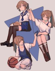 Rule 34 | 3girls, ball, basketball, basketball (object), blue neckerchief, blue sailor collar, blue sky, brown footwear, brown hair, brown legwear, invisible chair, lanzi (415460661), long hair, multiple girls, neckerchief, open mouth, original, phone, pleated skirt, ponytail, purple shorts, sailor collar, shirt, shoes, short sleeves, shorts, signature, sitting, skirt, sky, smile, thighhighs, white footwear, white shirt