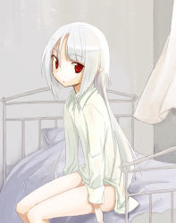 Rule 34 | androgynous, bottomless, flat chest, gender request, legs, long hair, miyoshino, original, red eyes, sitting, solo, white hair