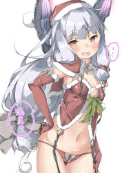 Rule 34 | ..., 10s, 1girl, alternate costume, bell, blush, bow, bow panties, bowtie, breasts, brown eyes, capelet, cleavage, cowboy shot, ebifurya, elbow gloves, fang, fur trim, garter straps, gloves, grey bow, grey bowtie, groin, hair ribbon, hand on own hip, hat, headgear, highres, kantai collection, leaf, long hair, looking at viewer, murakumo (kancolle), navel, no panties, open mouth, panties, red gloves, red legwear, red ribbon, ribbon, santa costume, short eyebrows, side-tie panties, sidelocks, silver hair, simple background, small breasts, solo, speech bubble, spoken ellipsis, stomach, thick eyebrows, thigh gap, translated, tress ribbon, tsurime, underwear, very long hair, white background