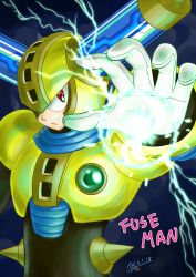 Rule 34 | capcom, character name, electricity, frown, fuse, fuse man, hand up, helmet, looking at viewer, mega man (classic), mega man (series), mega man 11, no humans, non-humanoid robot, red eyes, robot, robot ears, standing, upper body