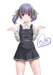 Rule 34 | 1girl, character name, commentary request, cowboy shot, dress, grey hair, highres, kantai collection, long sleeves, looking at viewer, ooshio (kancolle), ooshio kai ni (kancolle), pinafore dress, purple eyes, shirt, short hair, short twintails, simple background, sleeveless, sleeveless dress, smile, solo, standing, t2r, twintails, white background, white shirt