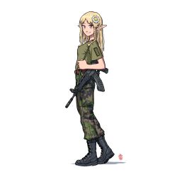 Rule 34 | absurdres, assault rifle, belt, blonde hair, boots, braid, camouflage, combat boots, cross-laced footwear, elf, flower, full body, gun, gun sling, hair flower, hair ornament, highres, lace-up boots, military, military uniform, ostwindprojekt, pants, pants tucked in, pointy ears, red eyes, rifle, rk95, sako rk 95 (upotte!!), side braid, single braid, smile, uniform, upotte!!, weapon