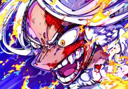 Rule 34 | 1girl, blood, blood on face, boku no hero academia, colored eyelashes, colorful, electricity, fire, furrowed brow, highres, mirko, muscular, muscular female, open mouth, purple background, rabbit girl, satomaru31000, sharp teeth, simple background, solo, teeth, white fur, white hair