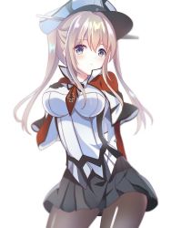 Rule 34 | 1girl, absurdres, black pantyhose, black skirt, blonde hair, breasts, capelet, cowboy shot, fathom, graf zeppelin (kancolle), hair between eyes, hat, highres, impossible clothes, kantai collection, large breasts, long hair, looking at viewer, miniskirt, necktie, pantyhose, peaked cap, purple eyes, red necktie, sidelocks, simple background, skirt, solo, twintails, white background, white capelet