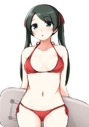 Rule 34 | 10s, 1girl, arms behind back, bikini, black hair, blush, bodyboard, breasts, don (29219), green eyes, kantai collection, long hair, looking at viewer, mikuma (kancolle), navel, open mouth, red bikini, solo, standing, swimsuit, twintails