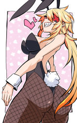 Rule 34 | 1girl, animal ears, black general, black leotard, blonde hair, breasts, bunny day, commentary request, eyepatch, fake animal ears, fake tail, fishnet pantyhose, fishnets, from behind, heart, highres, jin (mugenjin), large breasts, leotard, long hair, looking at viewer, pantyhose, playboy bunny, purple eyes, rabbit ears, rabbit tail, revision, solo, spiked hair, strapless, strapless leotard, tail, wrist cuffs, zannen onna-kanbu black general-san
