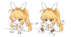 Rule 34 | 1girl, ahoge, animal ears, artoria pendragon (all), artoria pendragon (fate), artoria pendragon (lancer) (fate), artoria pendragon (swimsuit ruler) (fate), blonde hair, blue neckwear, bongo cat, braid, breasts, card, closed mouth, commentary, commission, crown, detached collar, english commentary, fake animal ears, fate/grand order, fate (series), feather boa, french braid, green eyes, high ponytail, large breasts, leotard, long hair, one eye closed, playboy bunny, playing card, poker chip, rabbit ears, rabi (swordofthestone), smile, twitter, white leotard, wrist cuffs