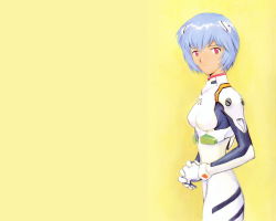 Rule 34 | 1girl, ass, ayanami rei, blue hair, bodysuit, bracer, breasts, cowboy shot, expressionless, flat ass, from side, gloves, hair ornament, interface headset, looking at viewer, looking back, neon genesis evangelion, own hands clasped, own hands together, pilot suit, plugsuit, red eyes, short hair, simple background, skinny, small breasts, solo, standing, turtleneck, wallpaper, yellow background