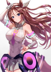 Rule 34 | 1girl, absurdres, arm up, bare shoulders, blush, breasts, brown hair, cleavage cutout, closed mouth, clothing cutout, commentary request, covered navel, cowboy shot, detached sleeves, forehead, grey leotard, grey skirt, hand in own hair, hand on own hip, highres, horse girl, koisuke, large breasts, leotard, long hair, long sleeves, looking at viewer, mihono bourbon (umamusume), miniskirt, necktie, pink necktie, purple eyes, simple background, skirt, solo, umamusume, underbust, very long hair, white background
