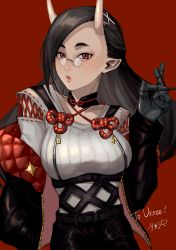 Rule 34 | 1girl, absurdres, black hair, black pants, blush, breasts, commission, flower knot, hand up, highres, horns, large breasts, long hair, looking at viewer, mechanical arms, off shoulder, oni (uxsee), oni horns, original, pants, parted lips, pointy ears, red background, round eyewear, signature, simple background, skeb commission, sksm