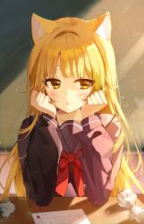 Rule 34 | 1girl, absurdres, animal ear fluff, animal ears, black shirt, blonde hair, blush, borrowed character, bow, bowtie, copyright request, head rest, highres, iop5509, long hair, long sleeves, paper, parted lips, red bow, red bowtie, school uniform, serafuku, shirt, sideways glance, solo, thick eyebrows, upper body, yellow eyes