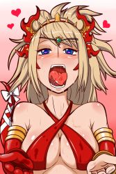 Rule 34 | 1girl, bad id, bad pixiv id, bare shoulders, blonde hair, blue eyes, breasts, cleavage, crown, cupping hands, echidna (p&amp;d), gloves, halterneck, heart, heart-shaped pupils, highres, jewelry, lamia, lots of jewelry, medium breasts, monster girl, open mouth, own hands together, ponytail, puzzle &amp; dragons, saliva, single glove, solo, symbol-shaped pupils, tongue, tongue out, usa (dai9c carnival)