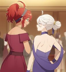 Rule 34 | 2girls, ahoge, bare shoulders, blurry, blurry background, blush, choker, dark-skinned female, dark skin, dress, e (eokiba), eye contact, from behind, green eyes, grey hair, gundam, gundam suisei no majo, hair bun, hairband, hand on own hip, highres, indoors, jewelry, looking at another, looking to the side, miorine rembran, multiple girls, necklace, off-shoulder dress, off shoulder, open mouth, people, ponytail, purple dress, red dress, red hair, short hair, shoulder blades, sidelocks, smile, strapless, strapless dress, suletta mercury, thick eyebrows, upper body, wristband