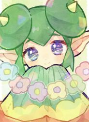 Rule 34 | 1girl, blue eyes, blush, closed mouth, doradorakingyo, double bun, eyelashes, flower, green hair, hair bun, horns, lidelle (puyopuyo), looking at viewer, pointy ears, puyopuyo, puyopuyo fever, short hair, sleeves past fingers, sleeves past wrists, smile, solo, very long sleeves, yellow horns