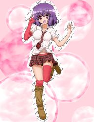 Rule 34 | 1girl, asymmetrical clothes, elbow gloves, english text, fingerless gloves, gloves, mm!, navel, necktie, open mouth, plaid, plaid skirt, purple hair, red eyes, red thighhighs, single glove, skirt, smile, solo, thighhighs, udan, yuuno arashiko