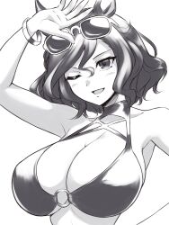 Rule 34 | 1girl, animal ears, arm up, armpits, bare shoulders, bikini, breasts, cleavage, commentary request, eyewear on head, greyscale, hair between eyes, hand on own hip, horse ears, large breasts, monochrome, o-ring, o-ring bikini, o-ring top, one eye closed, open mouth, pataneet, short hair, simple background, smile, solo, sunglasses, swimsuit, tap dance city (umamusume), umamusume, upper body, white background