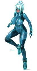 Rule 34 | 1girl, :&lt;, artist name, black sclera, bodysuit, breasts, clenched hand, colored sclera, covered navel, curvy, dark samus, dark skin, dark-skinned female, covered erect nipples, female focus, full body, glowing, glowing eyes, gluteal fold, high ponytail, highres, large breasts, metroid, nintendo, onomeshin, ponytail, samus aran, grey eyes, silver hair, simple background, skin tight, solo, white background, zero suit
